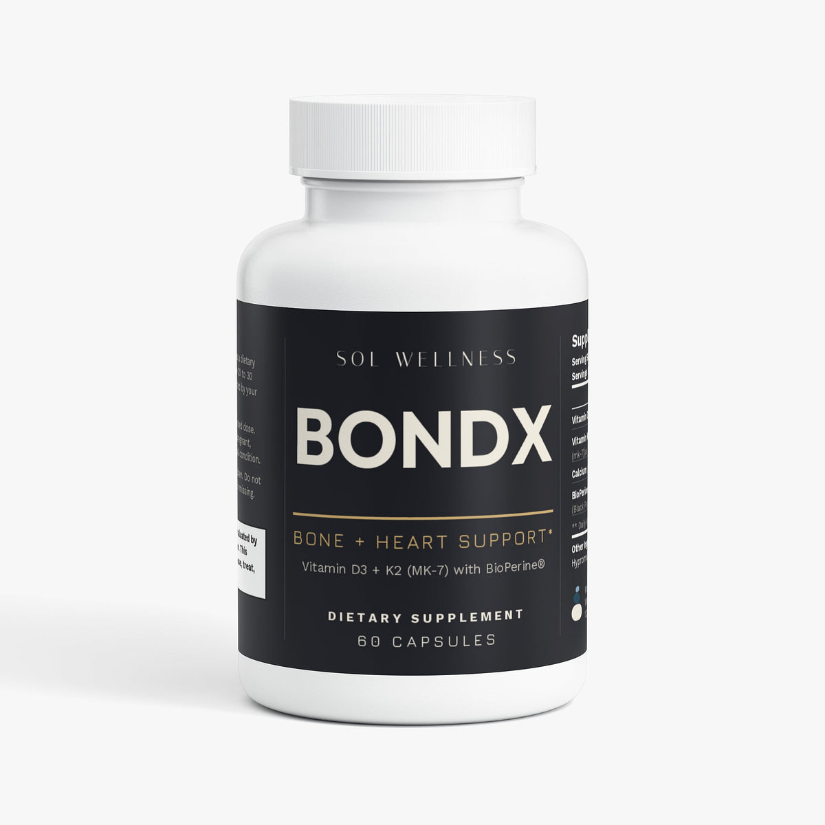 A white plastic bottle of Sol Wellness Bondx dietary supplement with a black label, shown on a clean white background.
