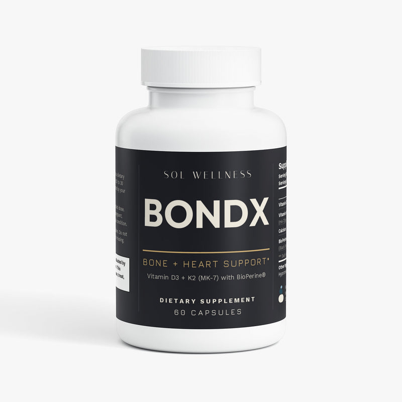 A white plastic bottle of Sol Wellness Bondx dietary supplement with a black label, shown on a clean white background.