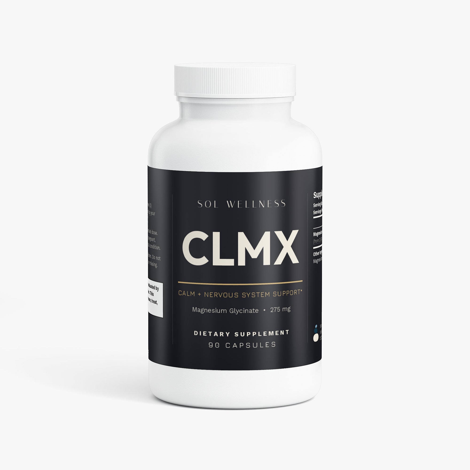 A white plastic bottle of Sol Wellness CLMX dietary supplement with a black label, shown on a clean white background.