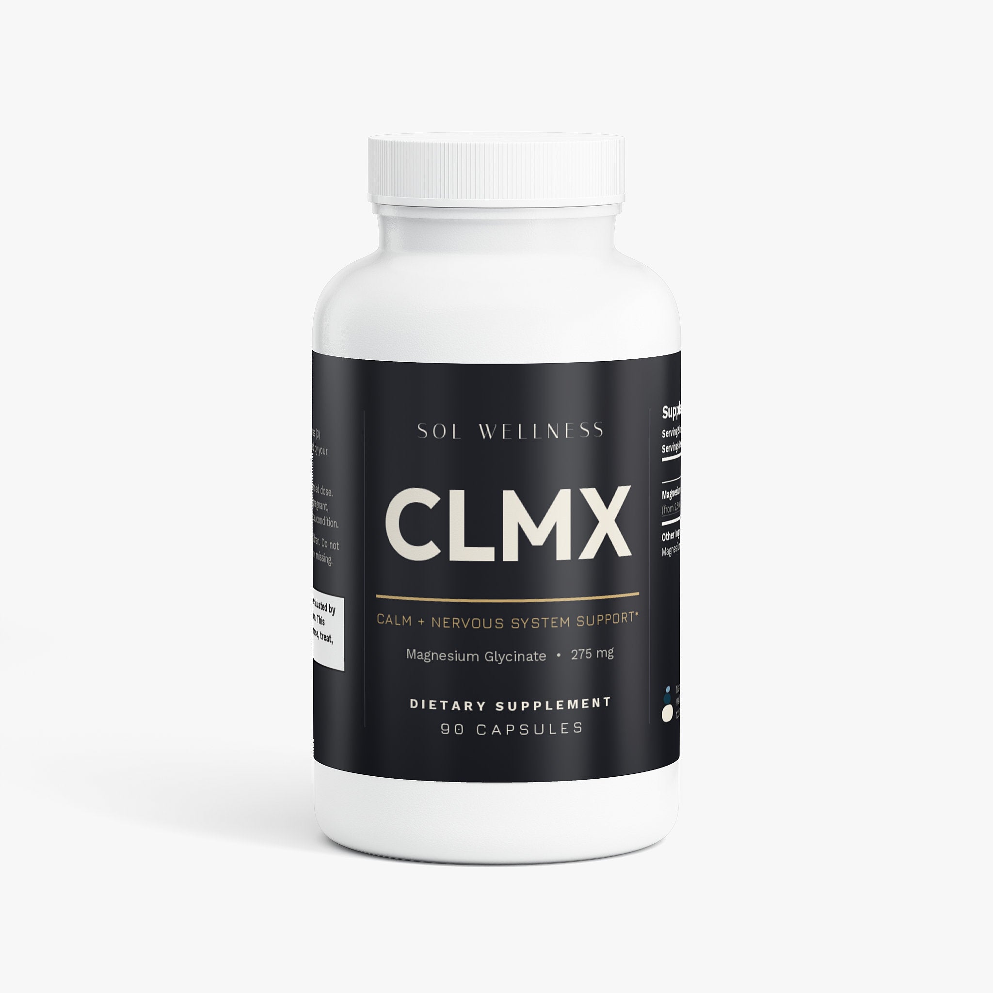 A white plastic bottle of Sol Wellness CLMX dietary supplement with a black label, shown on a clean white background.