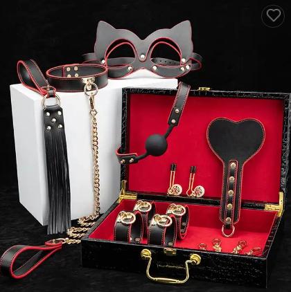 Ritual 7-piece genuine leather bondage set with cuffs, blindfold and crop