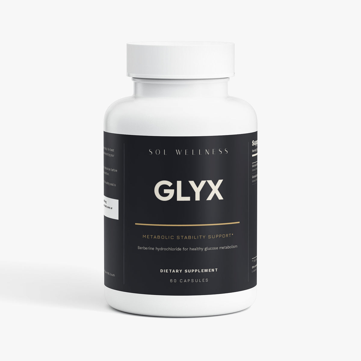 A white plastic bottle of Sol Wellness Glyx dietary supplement with a black label, shown on a clean white background.