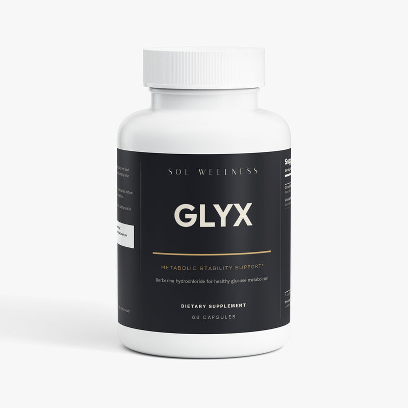 A white plastic bottle of Sol Wellness Glyx dietary supplement with a black label, shown on a clean white background.