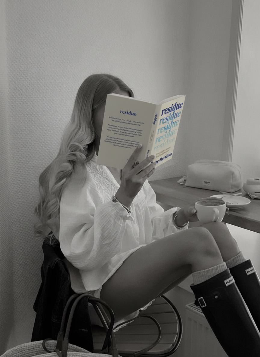 Person sitting on a chair reading a book with a cup of coffee on a table.