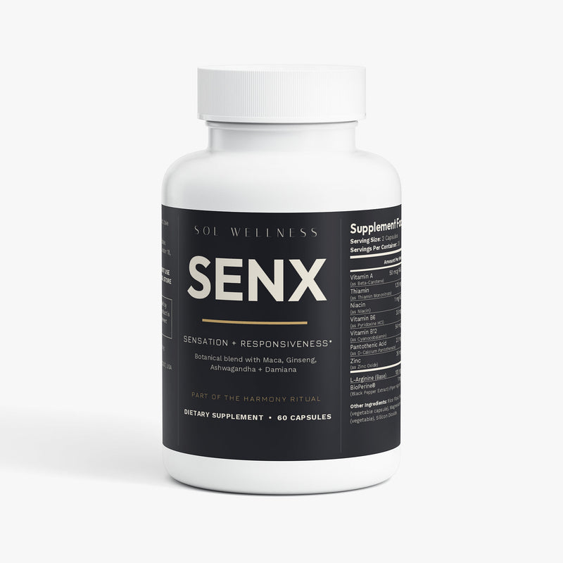 A white plastic bottle of SOE Wellness SENX dietary supplement with a black label, shown on a clean white background.