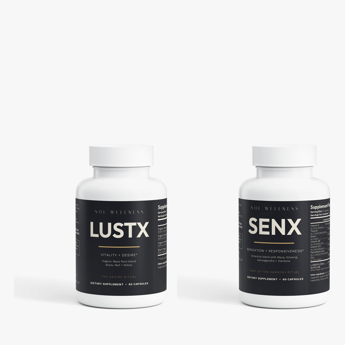 LUSTX and SENX supplement bottles, the Desire and Sensation Stack