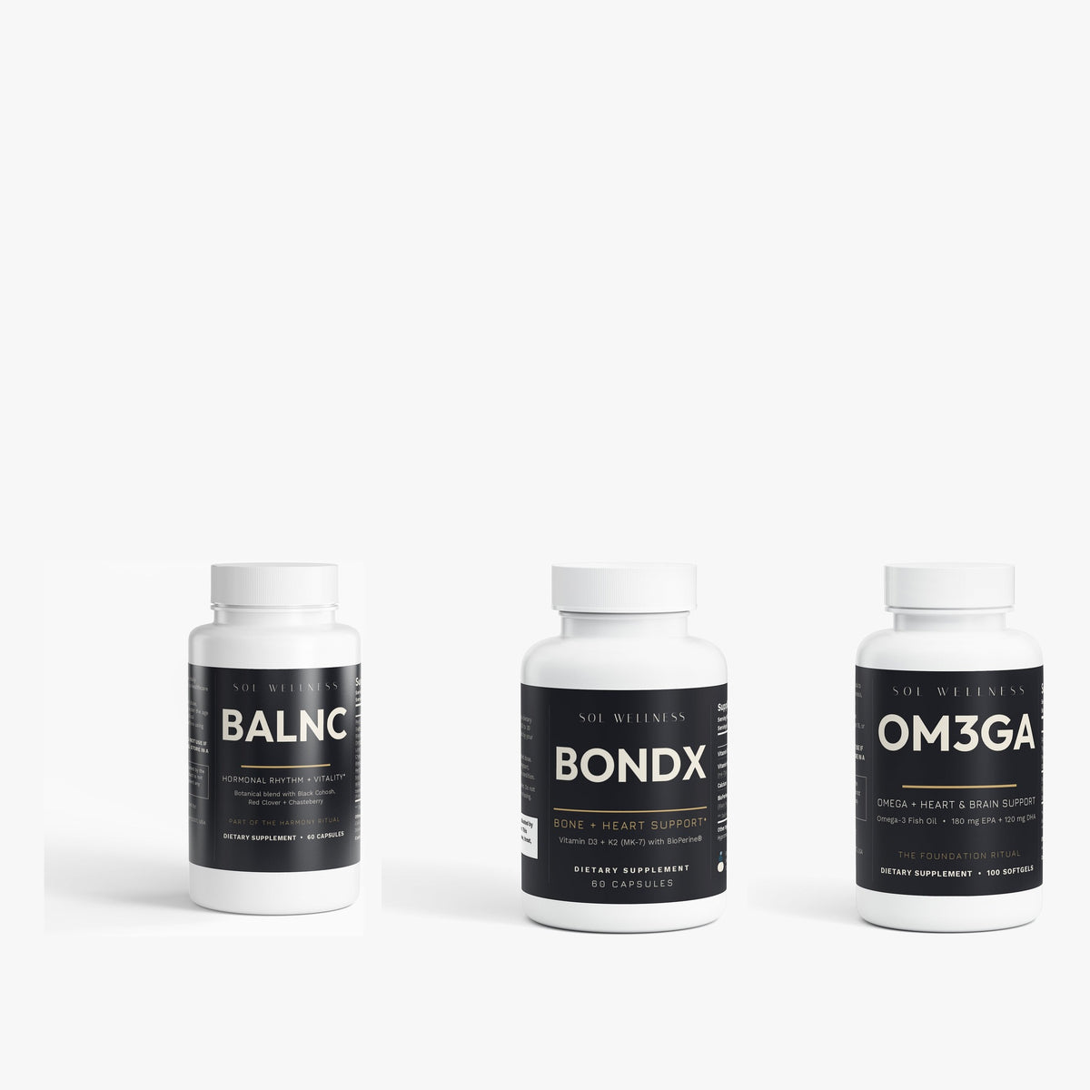BALNC, BONDX and OM3GA supplement bottles, the Hormonal Rhythm Stack