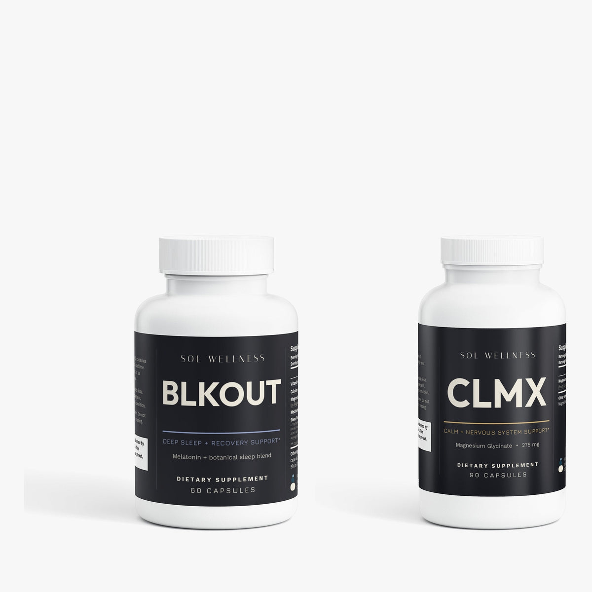 BLKOUT and CLMX supplement bottles, the Sleep and Rest Stack