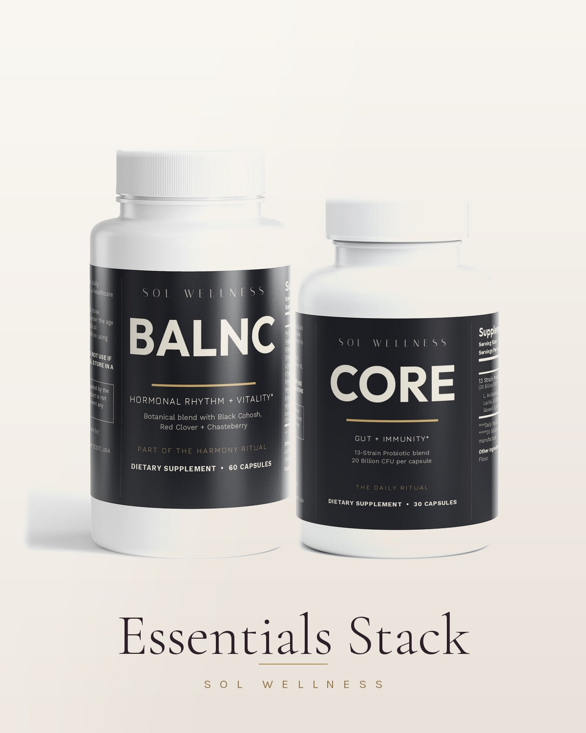 Essentials Stack: BALNC and CORE supplement bottles from Sol Wellness