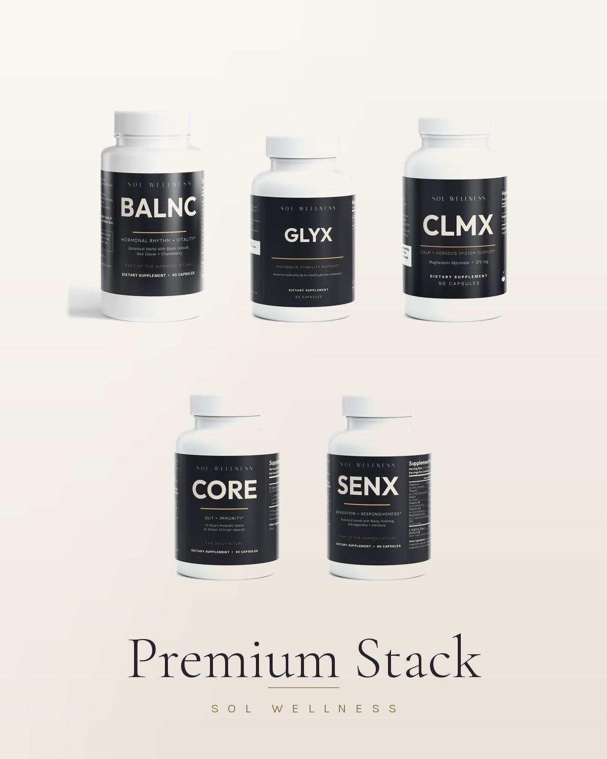 Premium Stack: BALNC, GLYX, CLMX, CORE and SENX supplement bottles from Sol Wellness